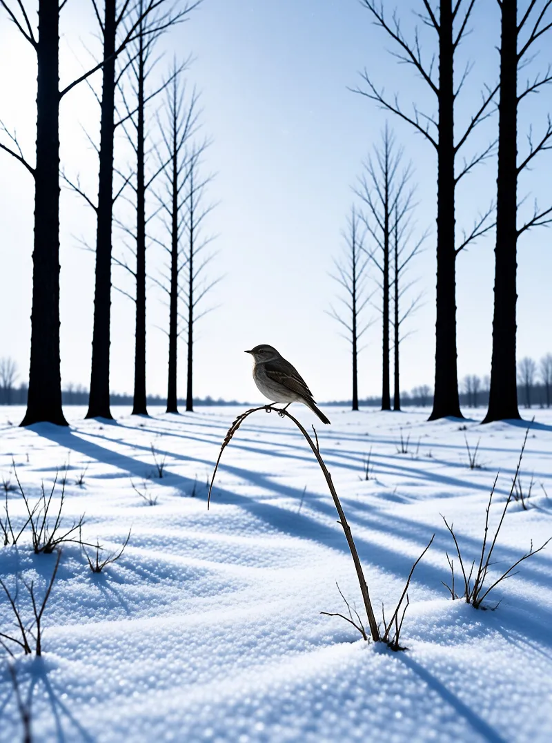 A small bird perches on a curved branch rising from snow while bare trees cast long shadows across the winter field.