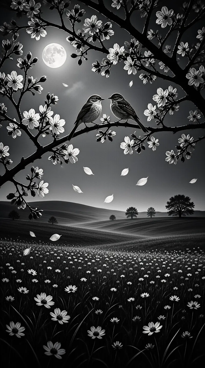 Two small birds perched on a flowering branch against a bright full moon over a dark field of flowers at night