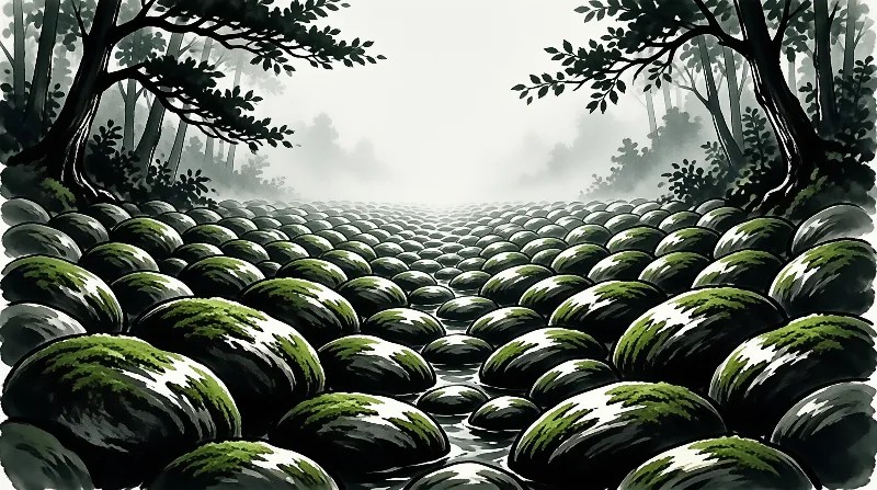 Rows of dark green mossy stones stretch into a foggy forest framed by dark trees.