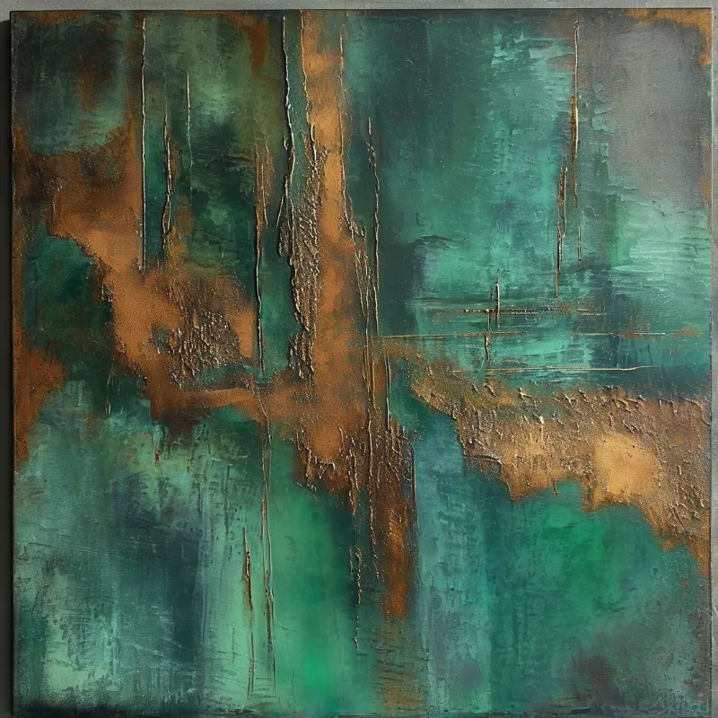A textured abstract canvas blends deep teal washes with rough rust-orange strokes and raised metallic impasto marks.