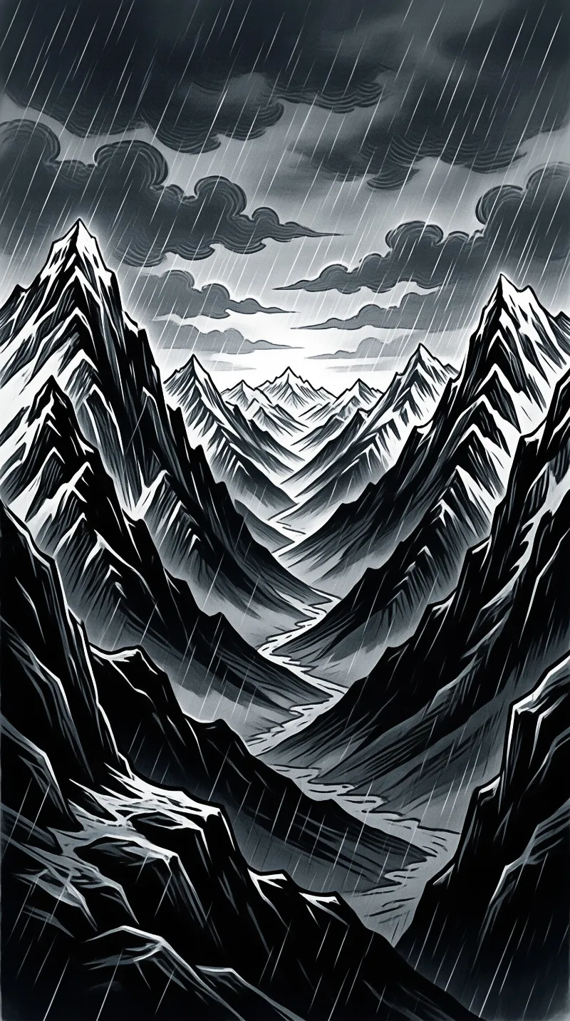 A monochrome illustration of sharp mountain peaks surrounded by dark clouds and falling rain.