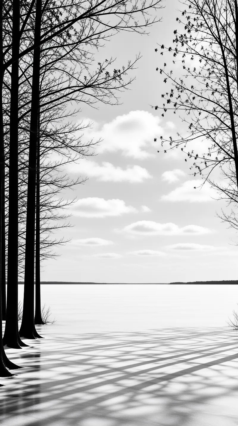 Black tree silhouettes frame a vast white frozen surface where elongated shadows stretch towards the horizon.