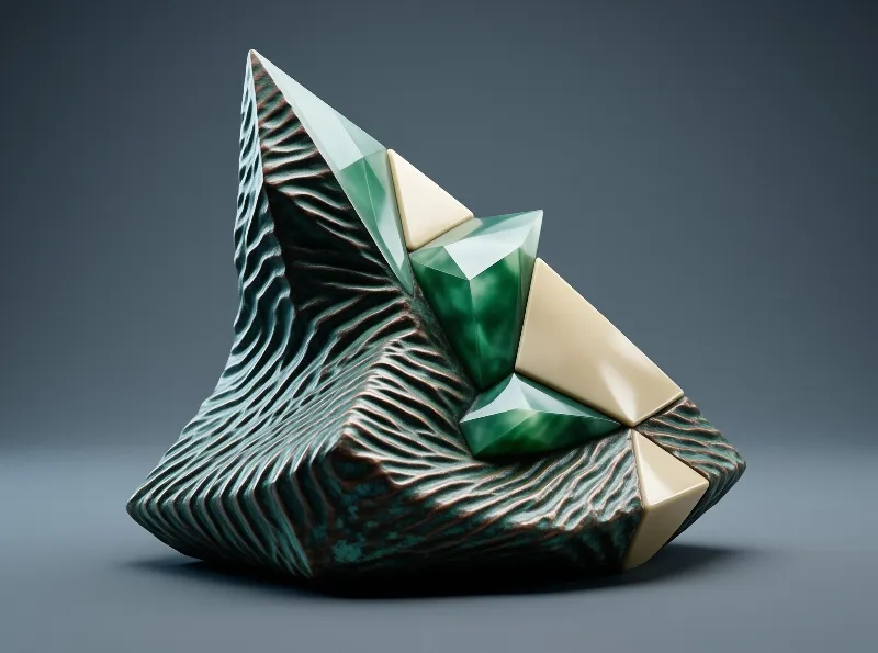 A faceted geometric object combining striated teal rock textures with translucent green and beige crystal shards arranged diagonally on a smooth dark grey surface.