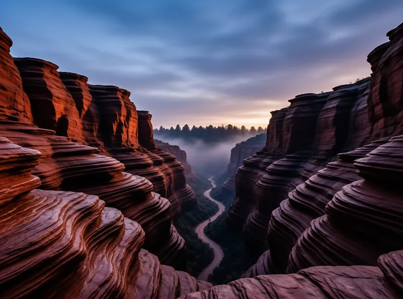 A deep red rock canyon with layered cliffs frames a winding river below a misty forest and a blue and orange sunrise sky.
