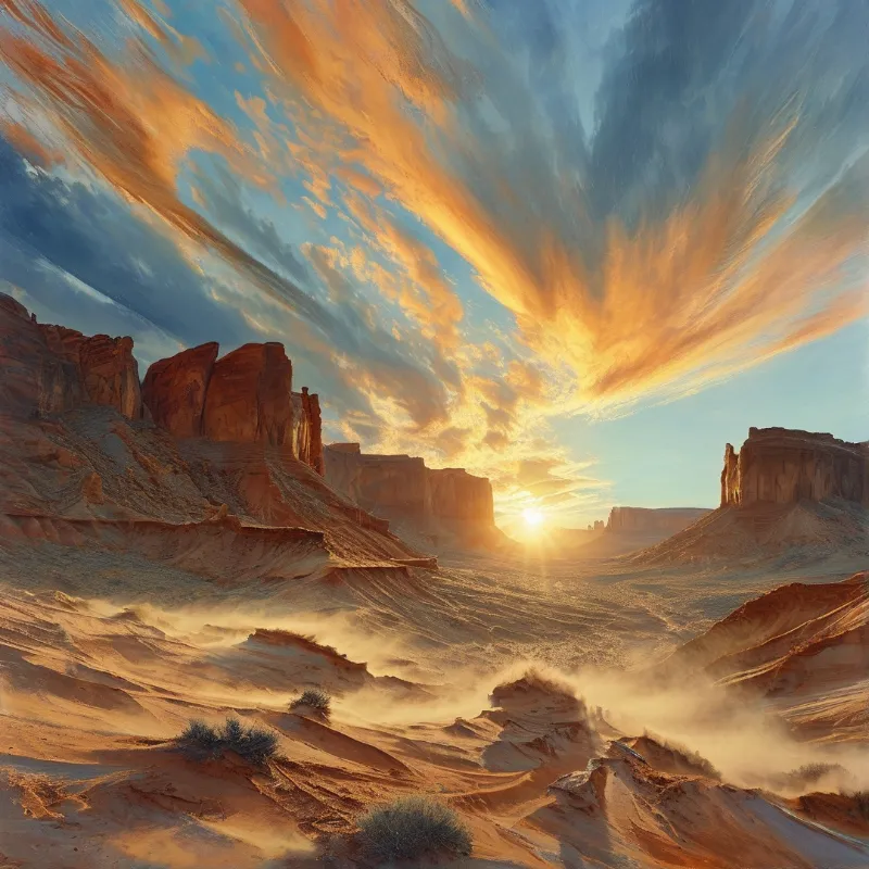 Red sandstone buttes rise above desert dunes while streaked clouds spread golden light across the canyon at sunrise.