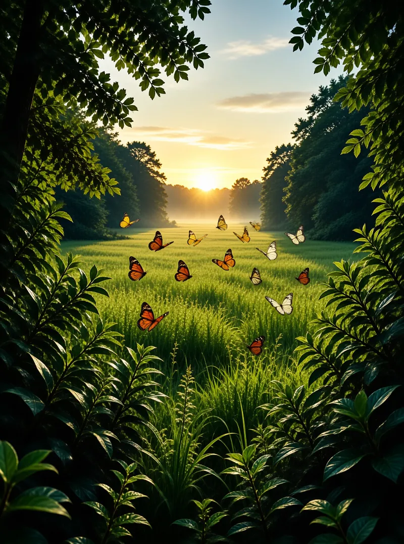 A flock of orange and white butterflies flies over a green meadow at sunset framed by dark leaves in the foreground.