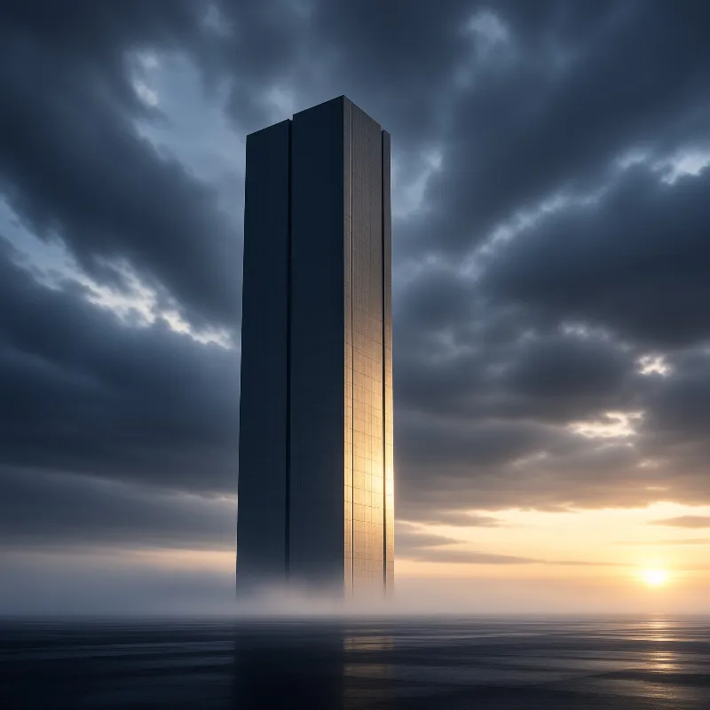A tall dark monolith building stands in a calm dark sea as the sun casts a warm golden glow on its right side.