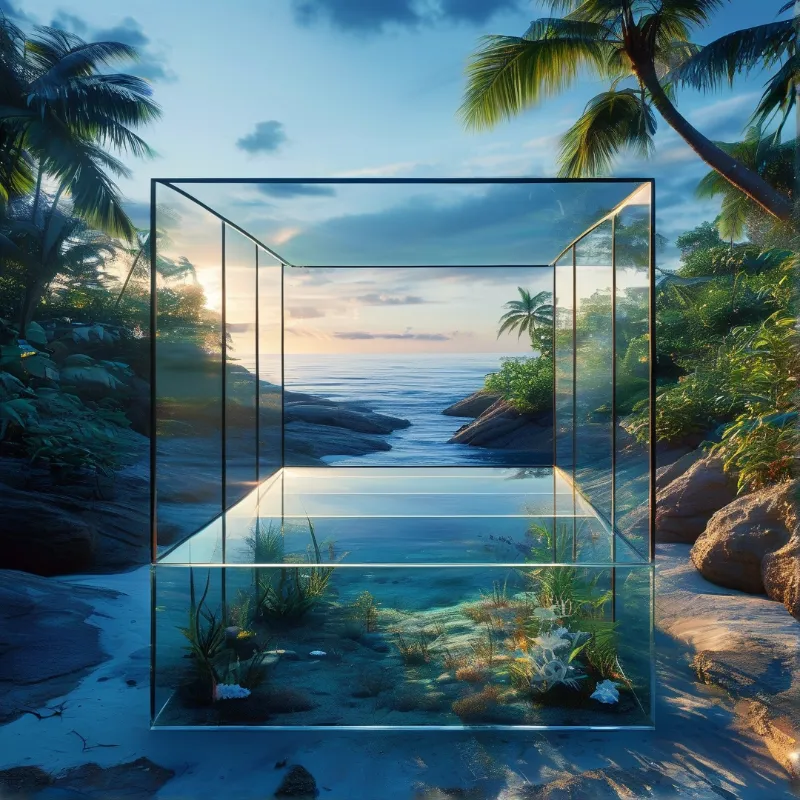 Clear glass cube sits on tropical beach at sunset, lower half has aquatic plants, ocean and palm coast seen through upper walls.