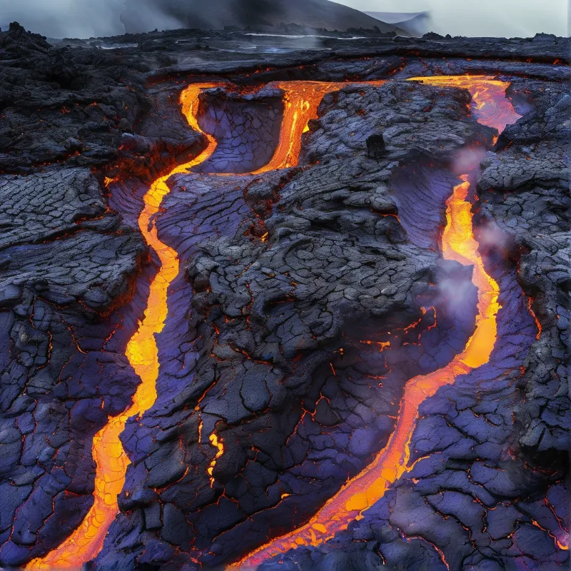 Bright orange lava flows through dark volcanic rock while light steam rises into the hazy air.