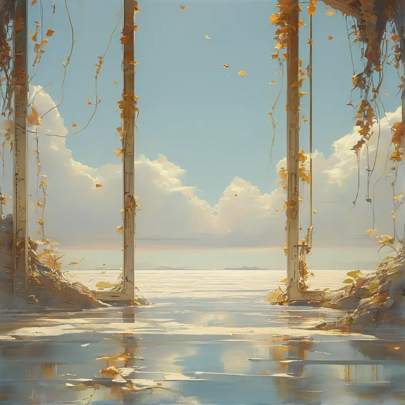 Two weathered pillars draped in autumn vines rise from calm water beneath a sky filled with white clouds.