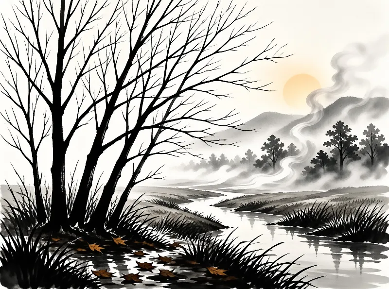 Ink wash painting showing bare trees beside a winding river with misty mountains and a pale sun.