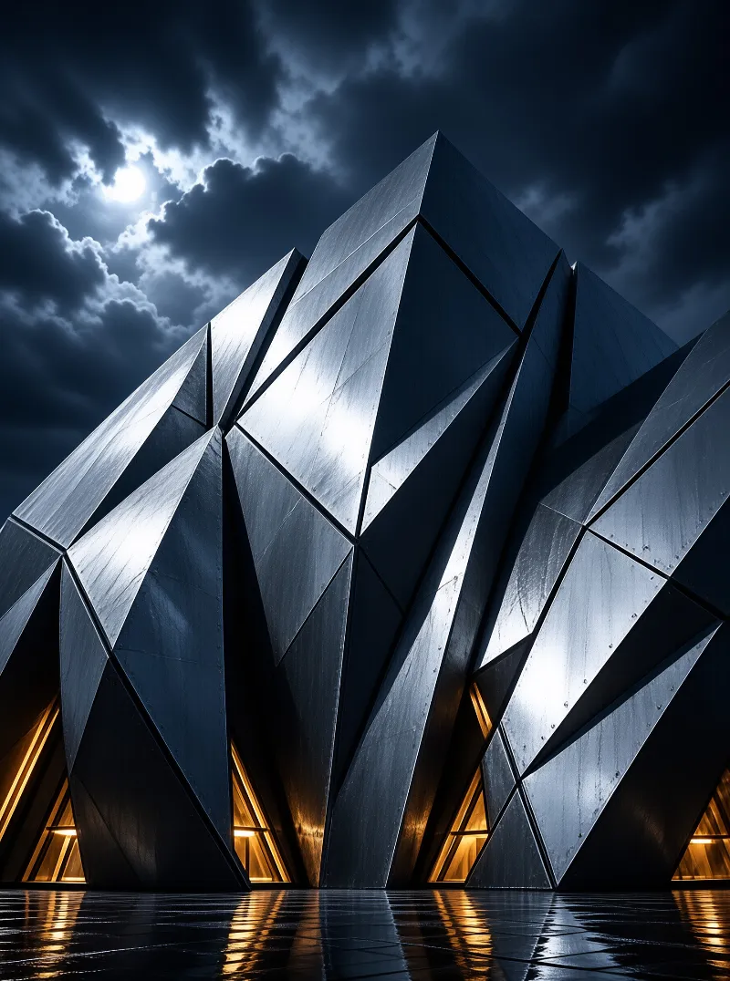 A futuristic angular building made of metal shards glows from within against a dark cloudy sky