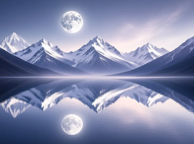A bright full moon hangs high in the pale blue twilight sky above a rugged range of snow-covered peaks. The calm surface of the lake below creates a perfect mirror image of the mountains and the celestial body. Cool blue tones dominate the landscape, emphasizing the serene and still atmosphere of the high altitude envi
