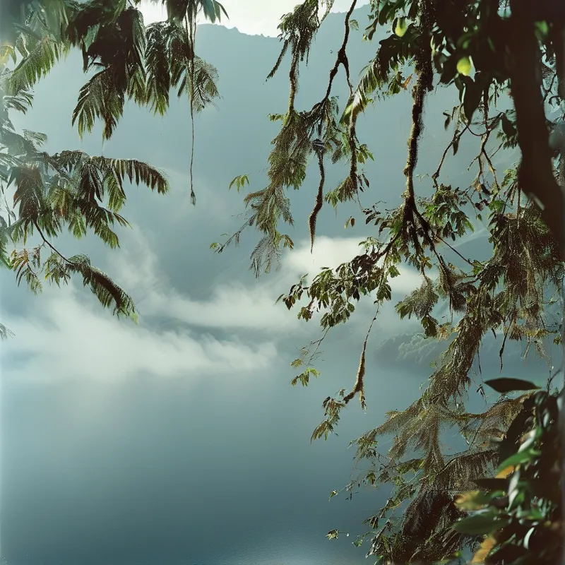 Hanging moss-covered trees frame a distant misty mountain range under soft diffused lighting