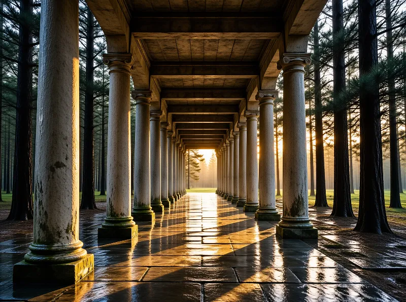 A row of weathered stone columns stands inside a pine forest with sunlight reflecting off the wet stone floor.