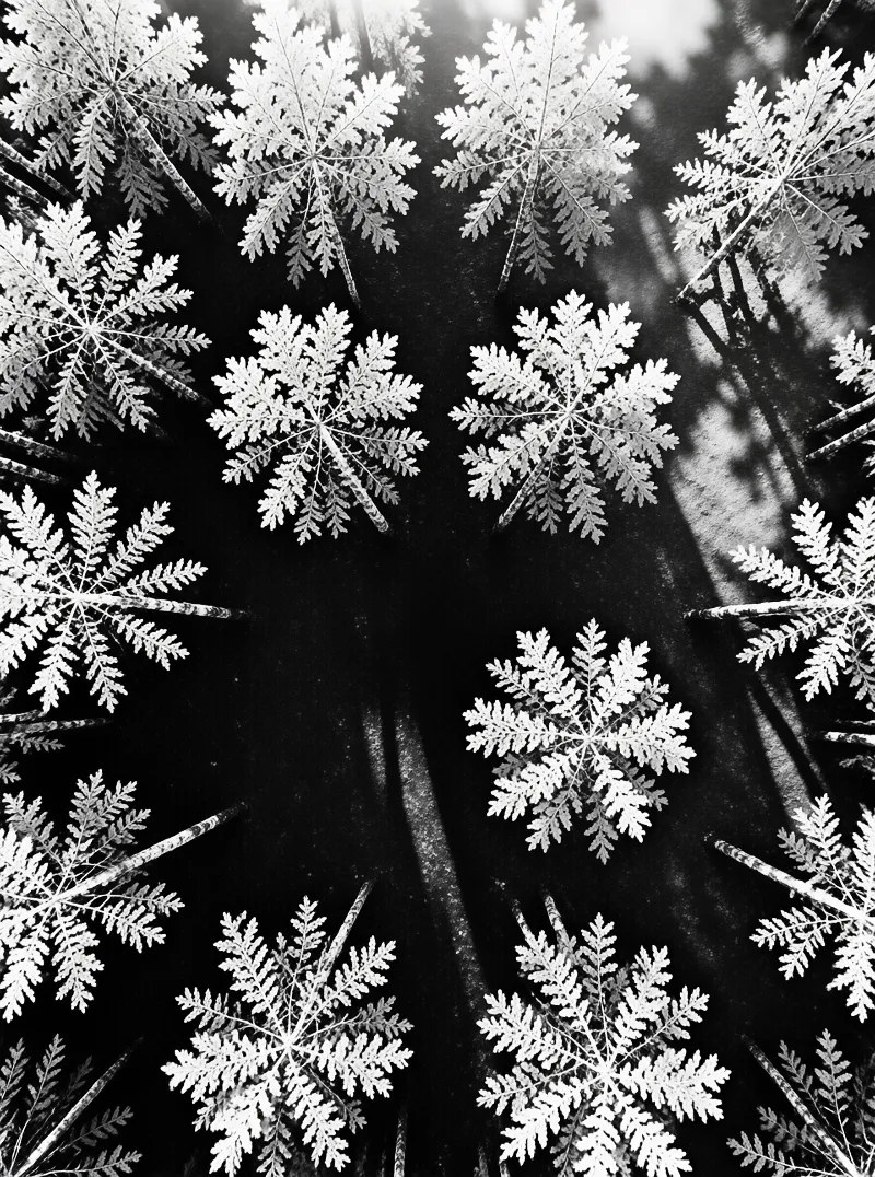 Intricate white ice formations resemble delicate plants against a deep black void.