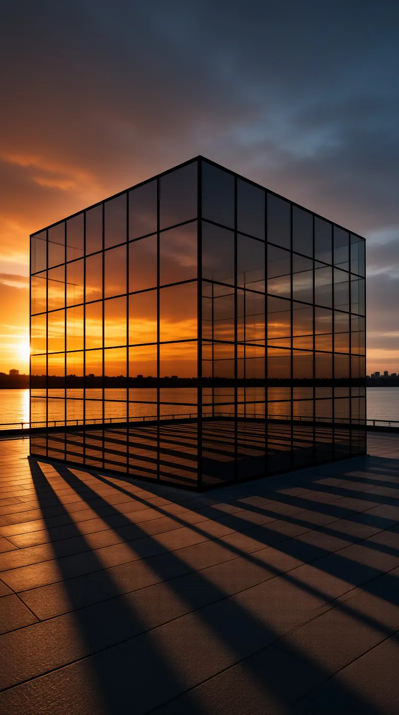 A transparent geometric building stands near a lake while the sun sets behind distant hills casting shadows on the ground.