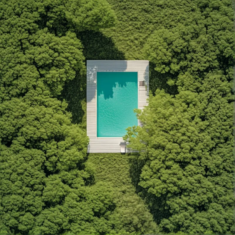 A straight edged turquoise swimming pool sits on pale boards, enclosed by the rounded crowns of dense summer trees.