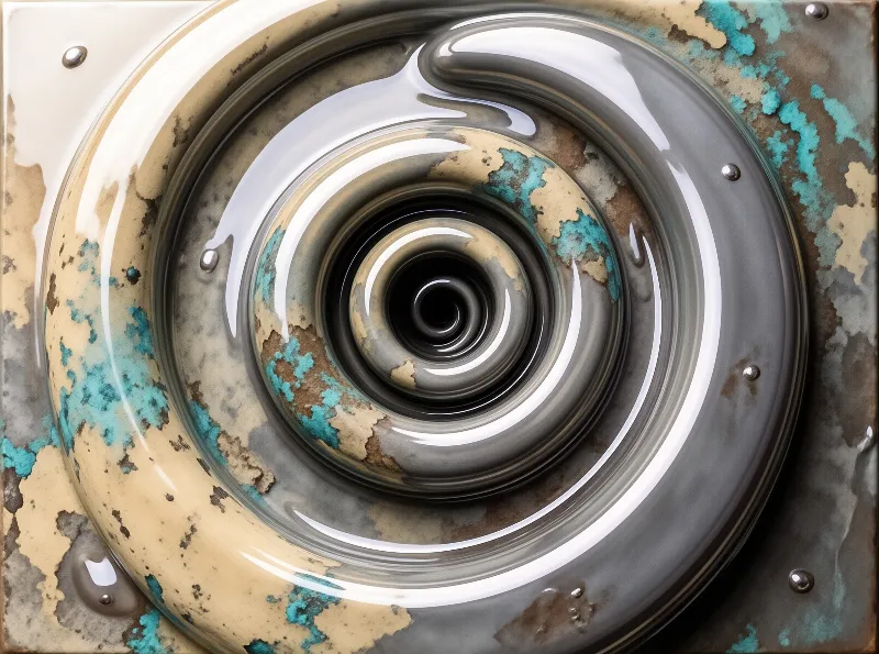 Shiny concentric rings rest on a weathered metal plate with blue oxidation marks.