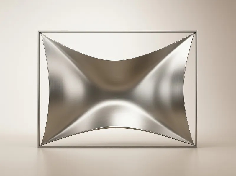 A brushed silver saddle shape is stretched taut within a thin rectangular frame against a warm beige wall