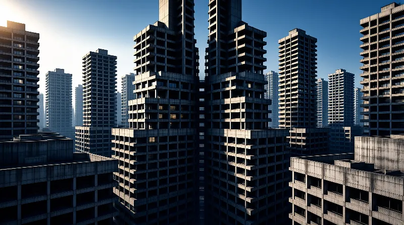 Dense urban canyon of grey concrete towers illuminated by warm sunlight against a deep blue evening sky.