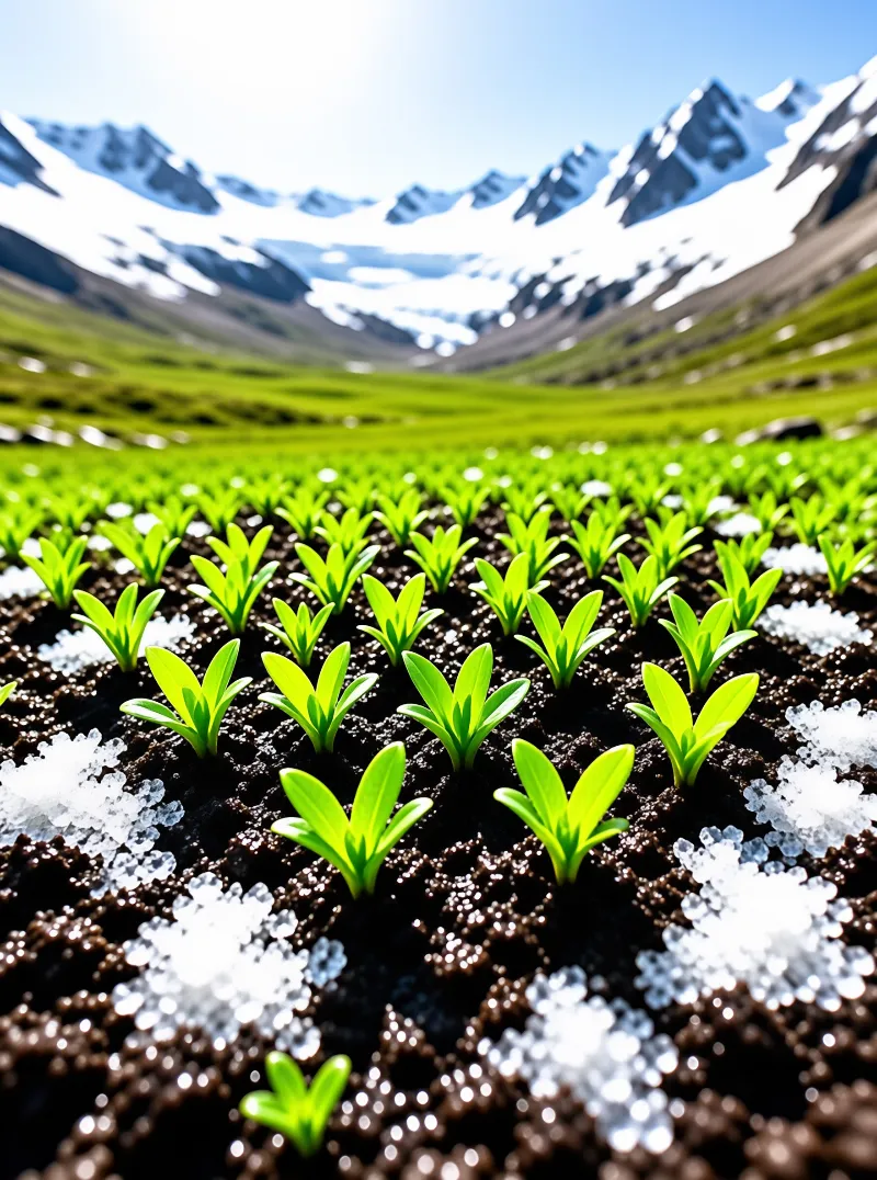 Bright green seedlings emerge from dark soil next to melting snow with majestic snow capped mountains in the background.