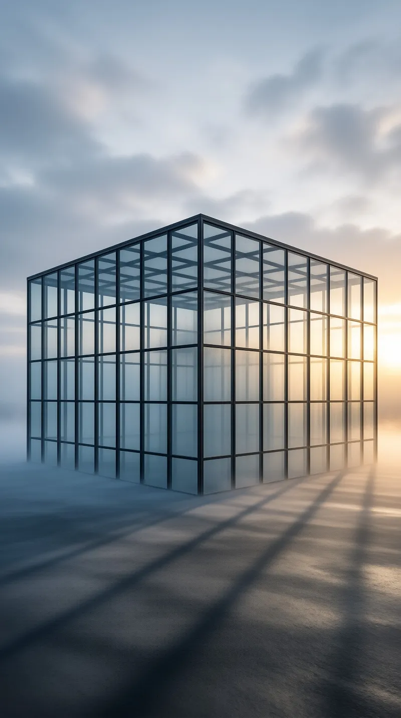 A transparent geometric building stands on misty ground as golden sunlight casts long shadows across the surface.