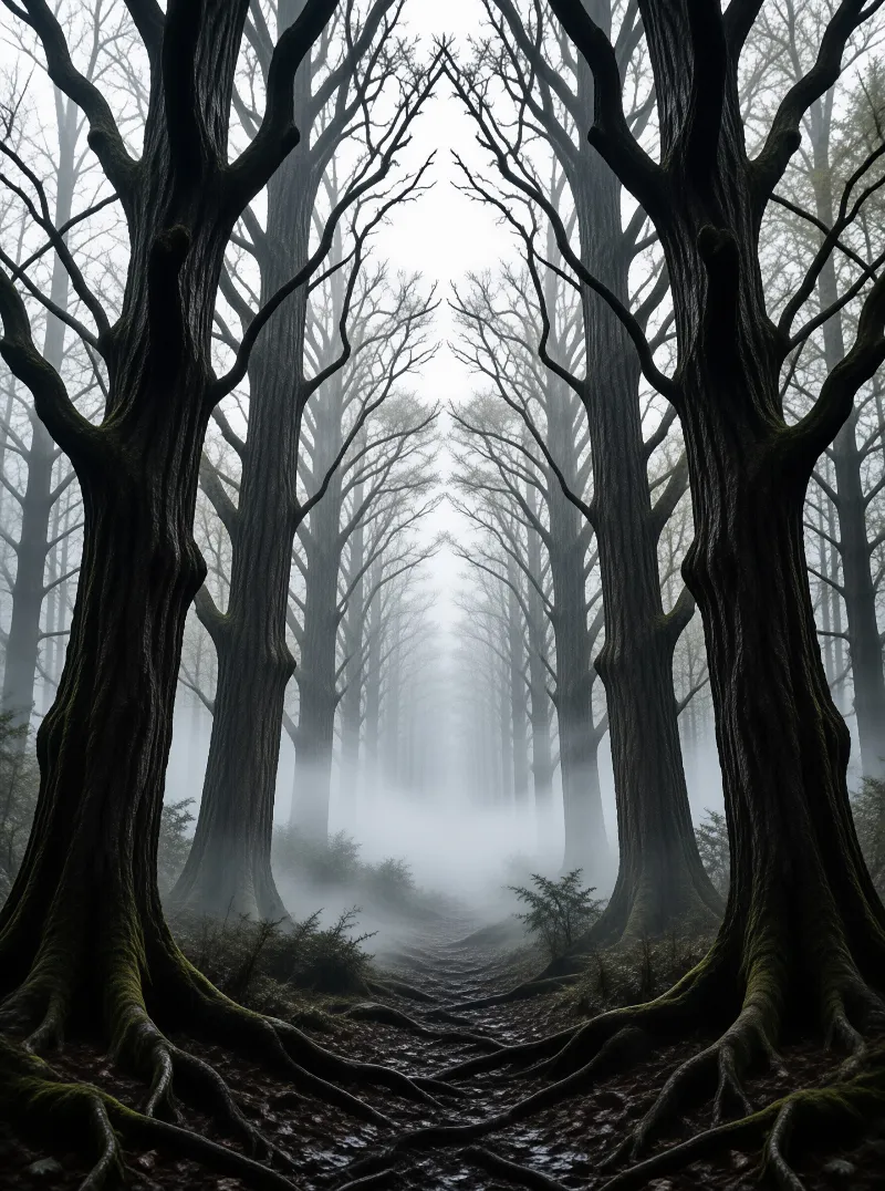 Symmetrical bare beech trunks and mossy roots line a fogbound woodland trail under pale grey light.