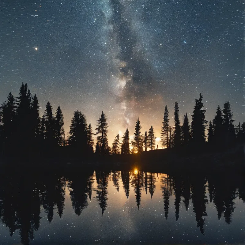 A brilliant night sky with the galaxy arcs above a dark treeline while its glow mirrors on the still lake water.