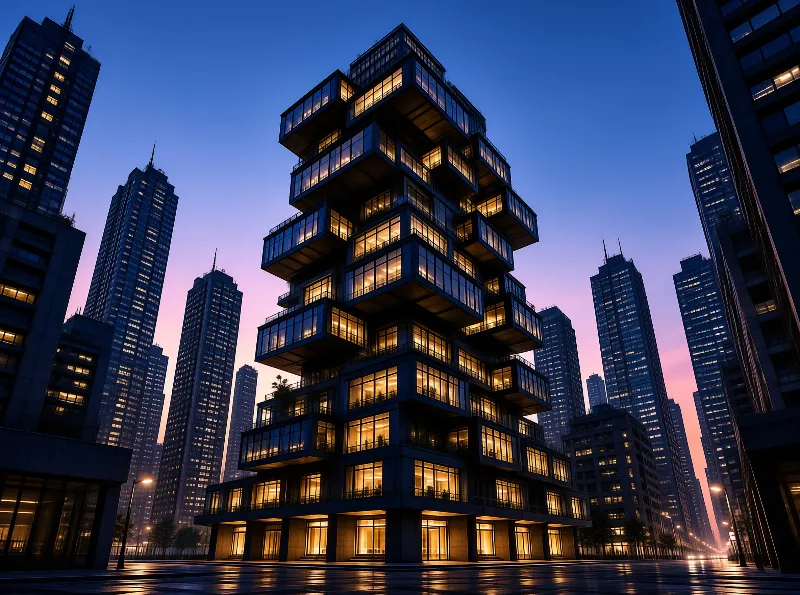 A residential high rise built from offset glass cubes glows amber against a gradient dusk sky over a wet plaza.
