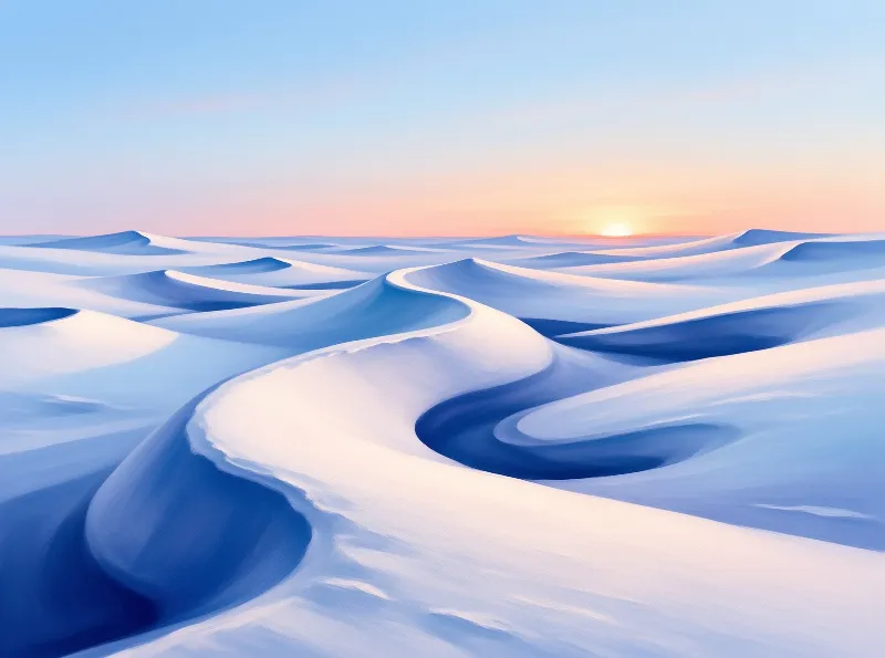 Winding dunes bathed in cool blue tones stretch toward a glowing sunrise on the distant horizon.