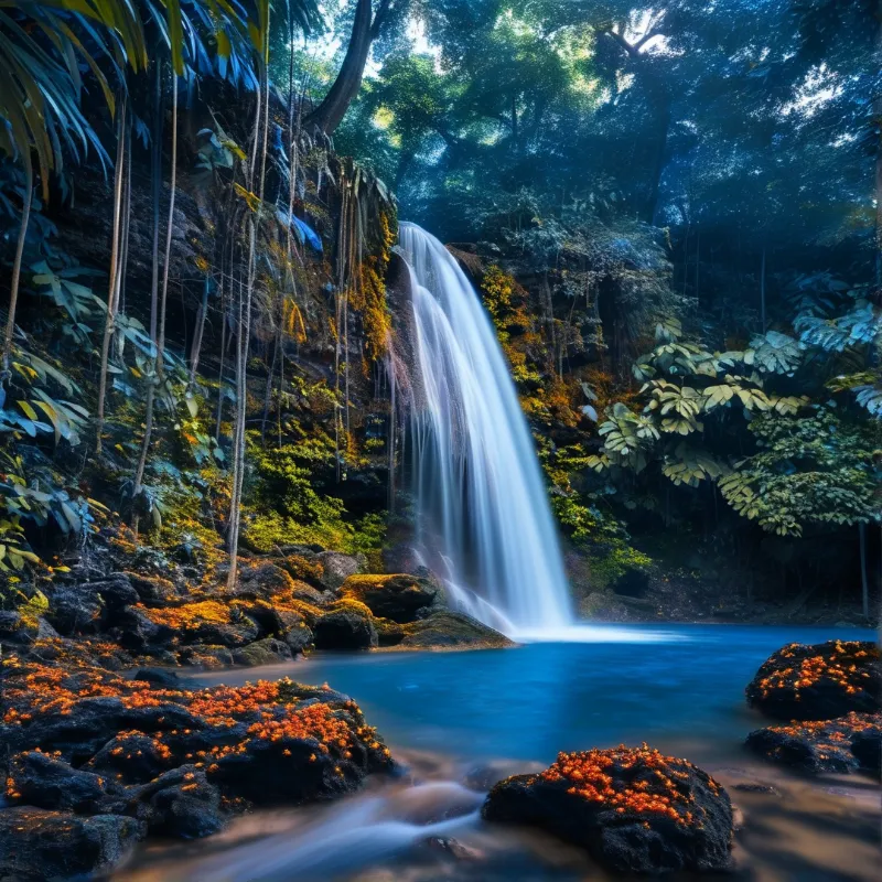 White water cascades from a moss-covered cliff into a tranquil deep blue basin surrounded by thick green jungle vegetation.