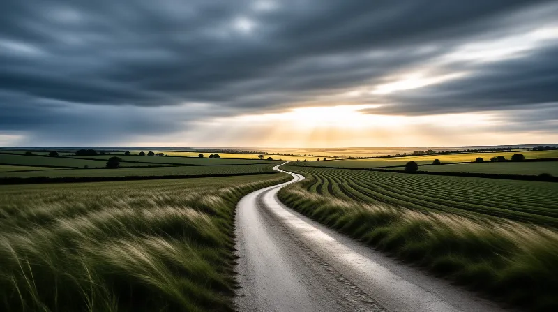 A paved road curves through green farmland while golden sun rays break through heavy dark clouds on the distant horizon.