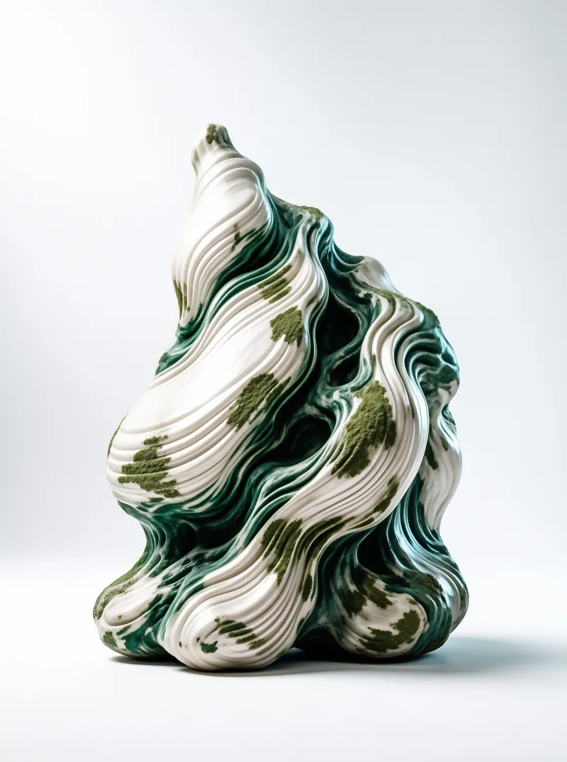 A smooth organic form with flowing white ridges and patches of deep green glaze stands against a soft pale studio setting.