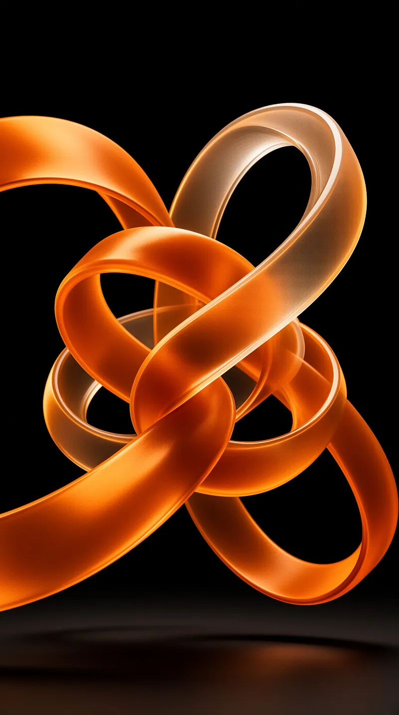 A continuous, semi-transparent orange ribbon twists into an overlapping knot against a black background with glossy highlights.