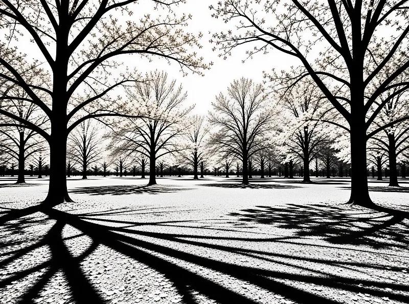 High contrast image of trees lining a path with long shadows stretching across the ground creating a symmetrical pattern.