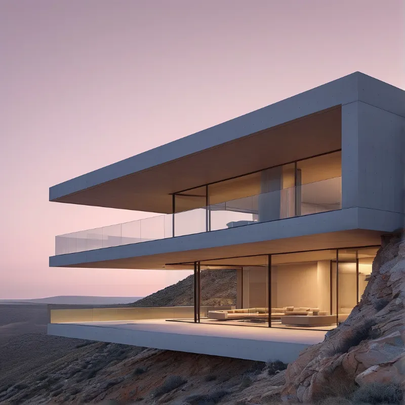 Concrete residence with floor-to-ceiling glass overlooks arid terrain under a pale twilight sky.