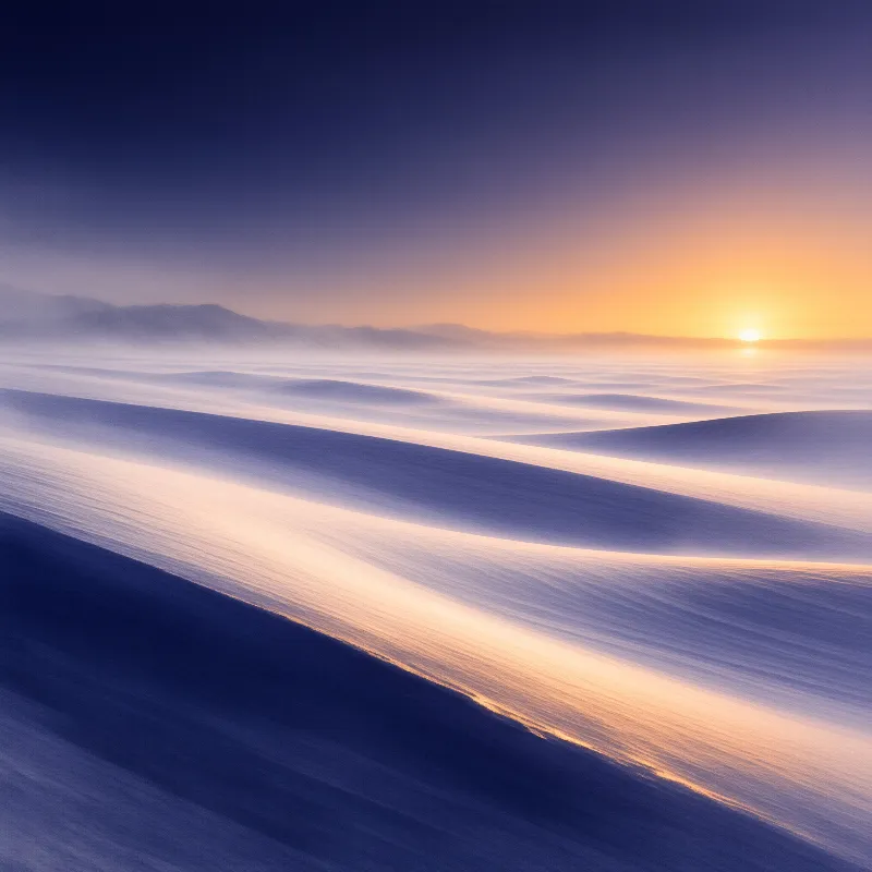 Wind sculpted snow drifts form smooth wavy ridges glowing warm orange against a deep blue twilight sky and distant mountains.