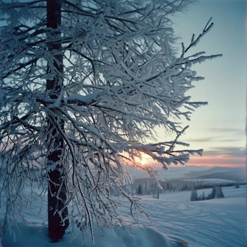 Frost covered pine branches frame a view of the sun setting over distant snow covered hills.