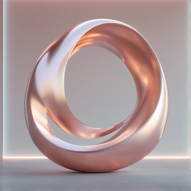 A polished copper ribbon sculpture forms a continuous loop with a central opening in a bright minimalist studio setting.