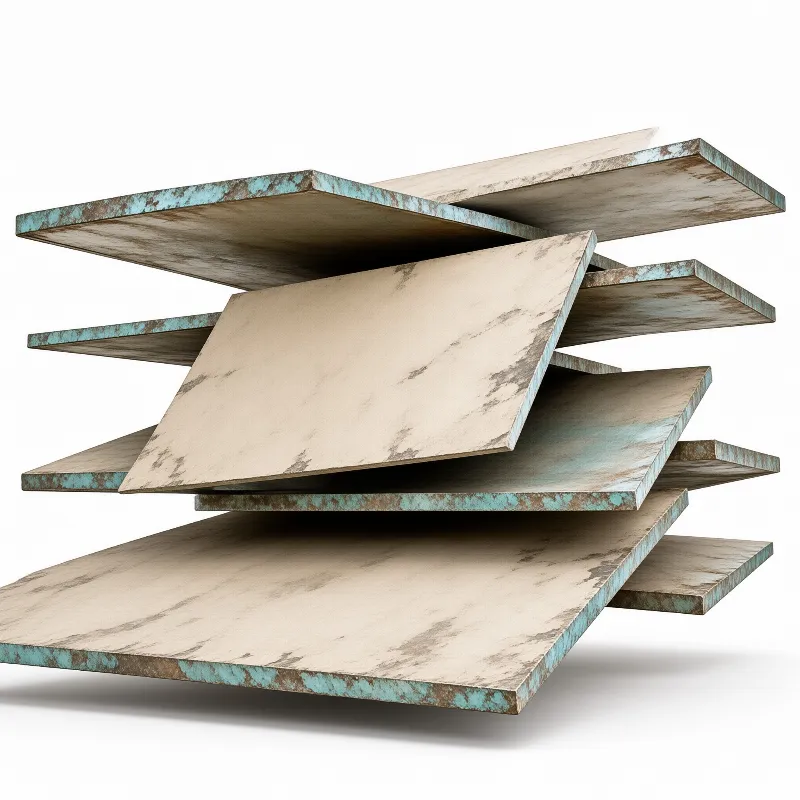 Beige square stone slabs are offset stacked against a plain white background, with teal patina on all their outer edges.