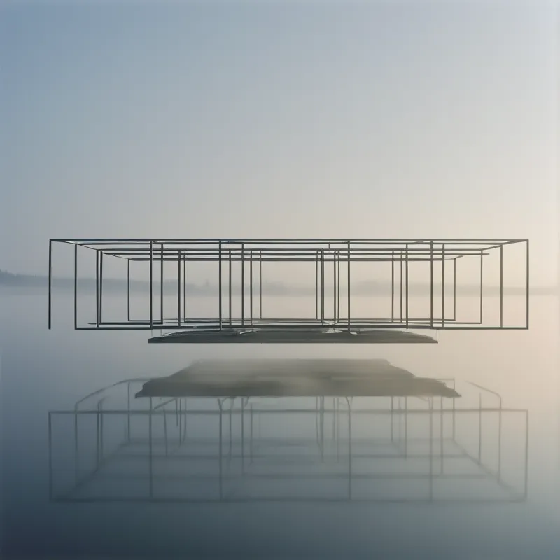 A minimalist rectangular wireframe platform hovers above fog-covered still water with its clear reflection mirrored in the pale hazy dawn light.