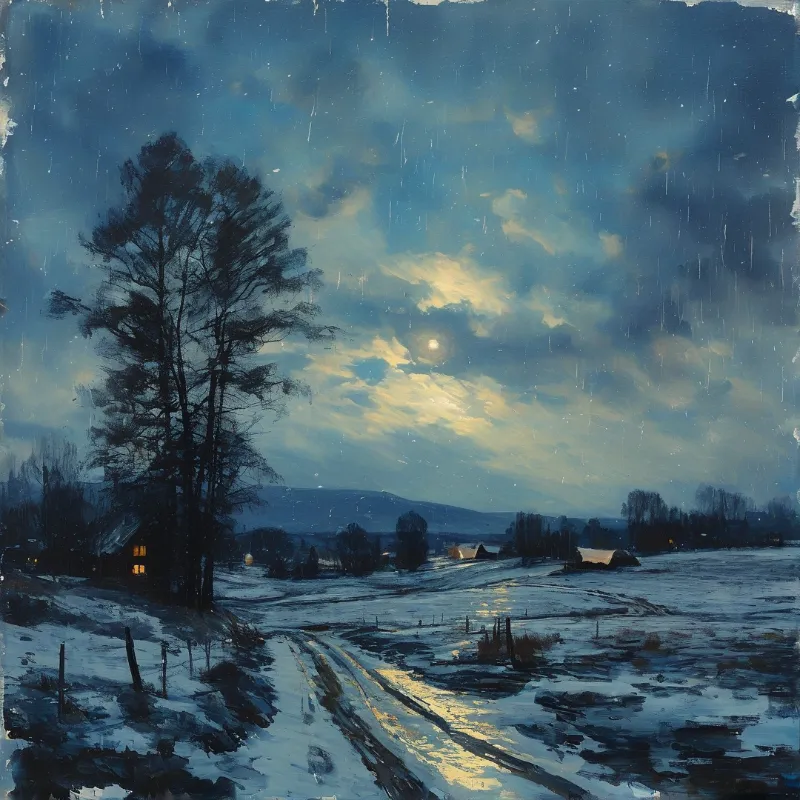 A dark pine tree silhouette stands on the left while a golden sky reflects on snow covered ground near village houses.