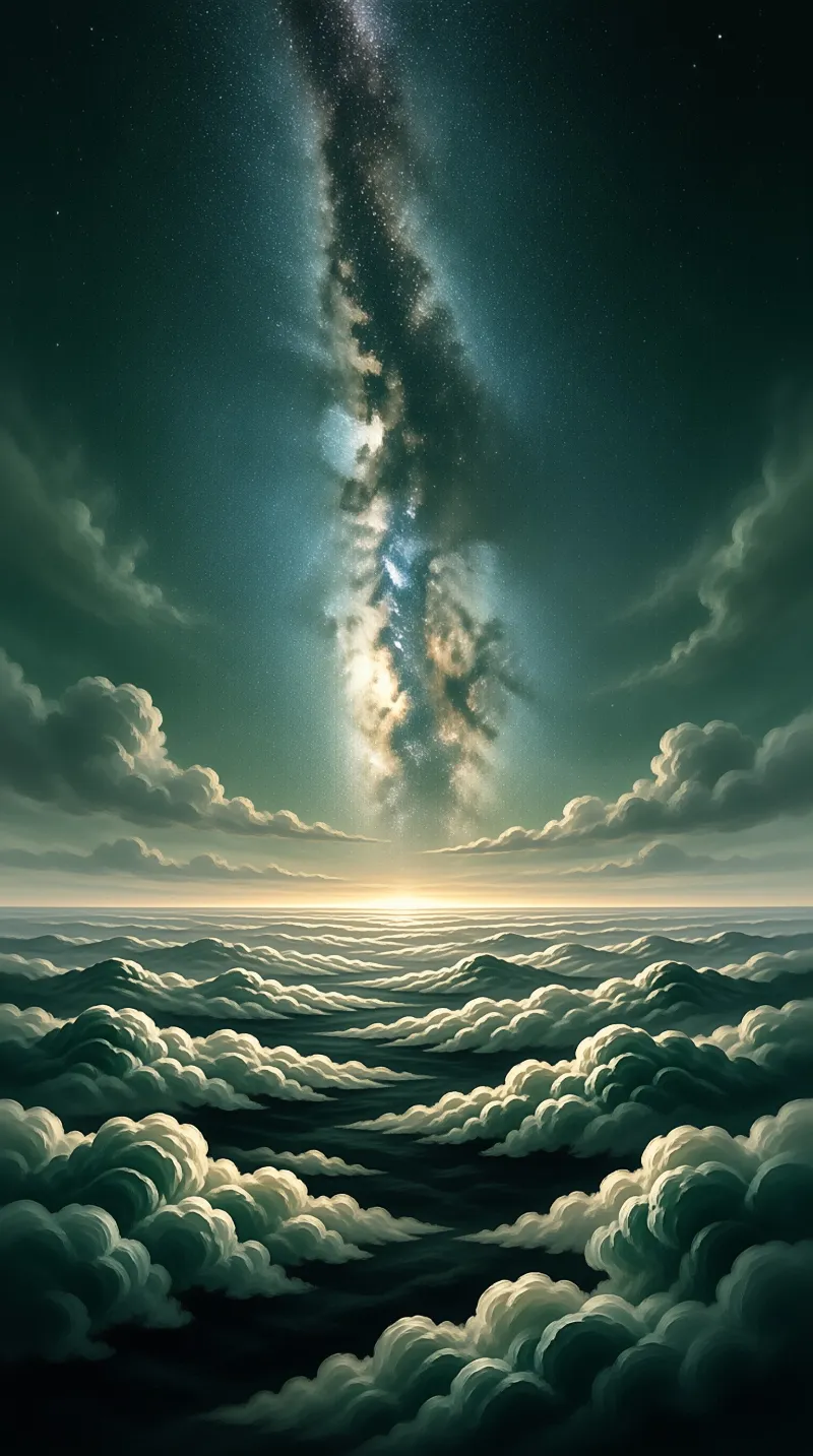 A vertical view of the Milky Way galaxy arching over a vast expanse of thick rolling clouds beneath a dark teal night sky.