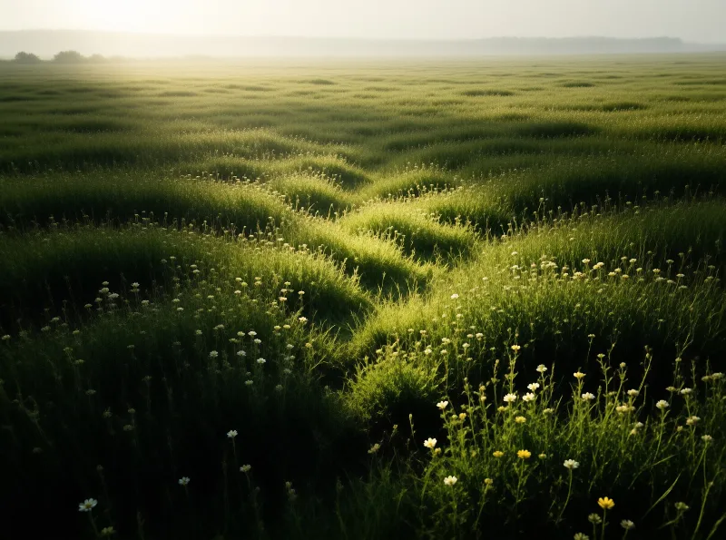 A vast green field filled with white wildflowers stretches into a misty horizon under soft golden light.