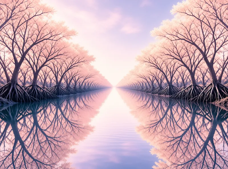 A row of mangrove trees with exposed roots lines a calm river, creating a perfect reflection under a soft pink sky.