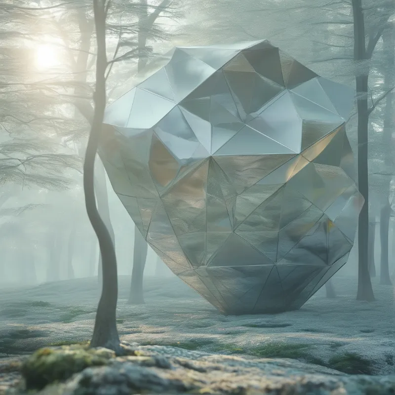 A polished multifaceted metal orb balances among slender tree trunks in a sunlit misty woodland.