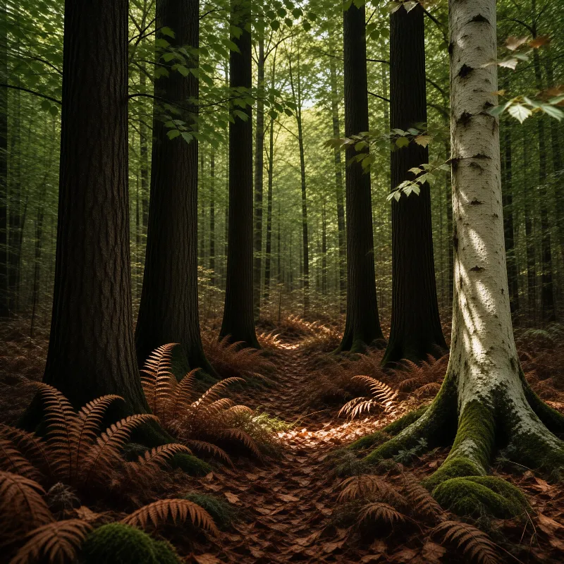 A white birch tree stands brightly lit on the right beside dark trunks and brown ferns covering a forest floor.