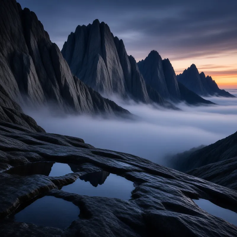 Dark jagged rock formations rise above a thick layer of white mist under a twilight sky.