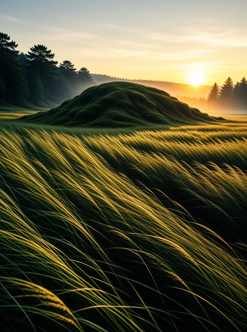 Rolling grassy mounds and foreground blades catch the warm glow of a sunrise over a distant misty treeline.